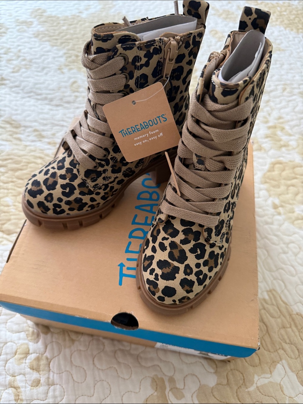 Thereabouts Kids' Leopard Print Lace-Up Boots in Tan/Black